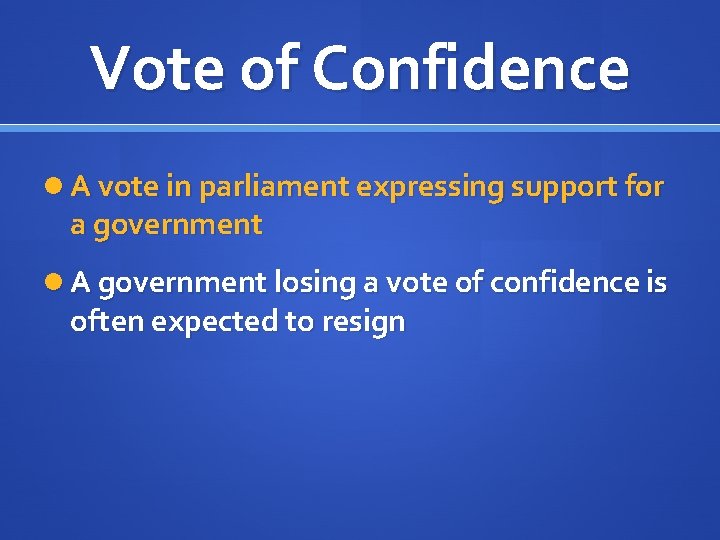 Vote of Confidence A vote in parliament expressing support for a government A government