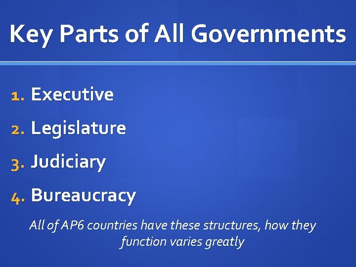 Key Parts of All Governments 1. Executive 2. Legislature 3. Judiciary 4. Bureaucracy All