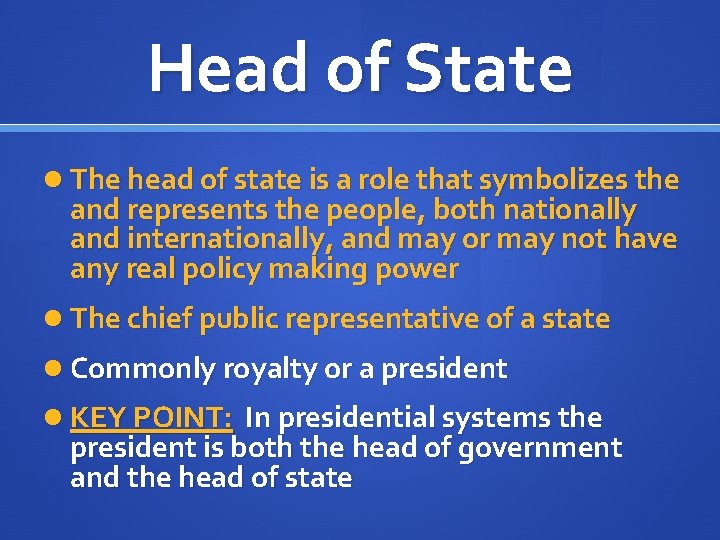 Head of State The head of state is a role that symbolizes the and