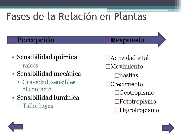 Fases de la Relación en Plantas • Percepción �Respuesta • Sensibilidad química �Actividad vital