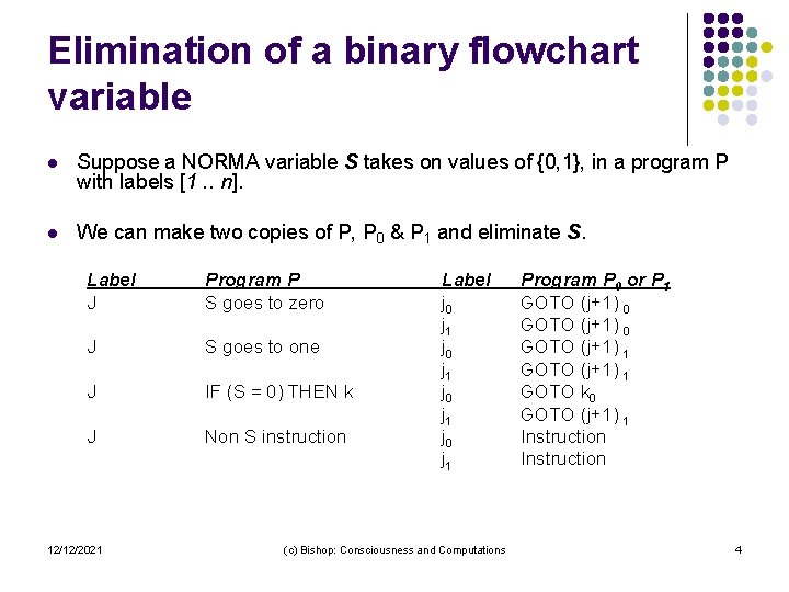 Elimination of a binary flowchart variable l Suppose a NORMA variable S takes on