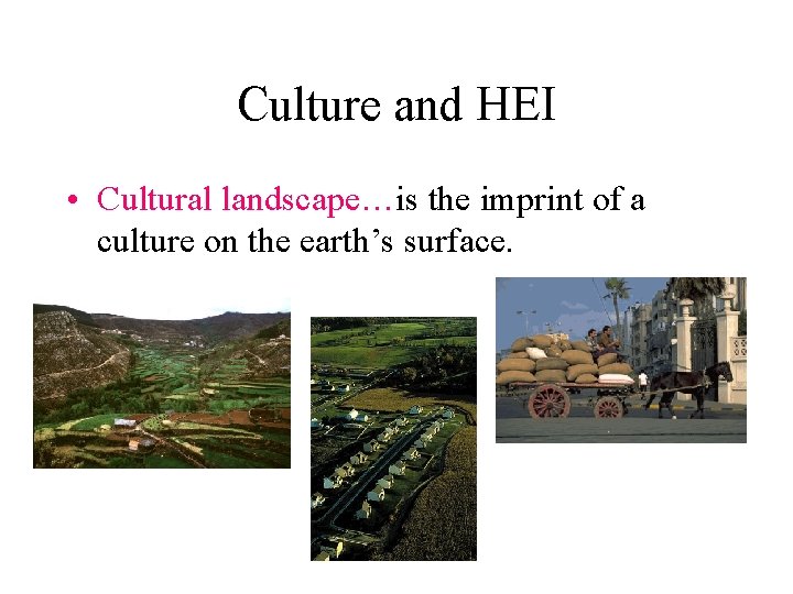 Culture and HEI • Cultural landscape…is the imprint of a culture on the earth’s