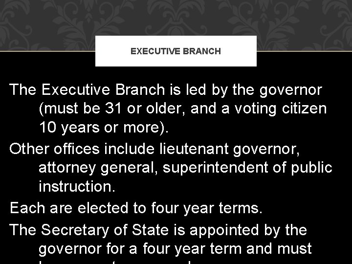EXECUTIVE BRANCH The Executive Branch is led by the governor (must be 31 or