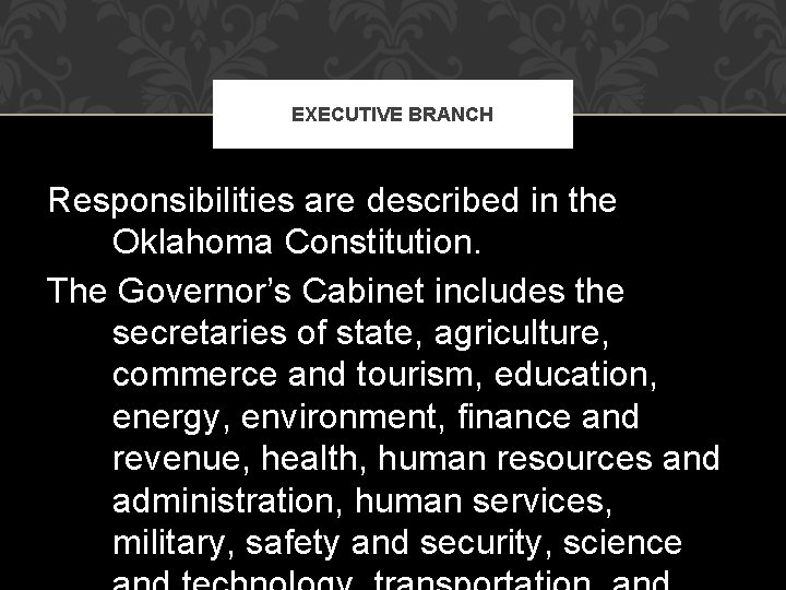 EXECUTIVE BRANCH Responsibilities are described in the Oklahoma Constitution. The Governor’s Cabinet includes the
