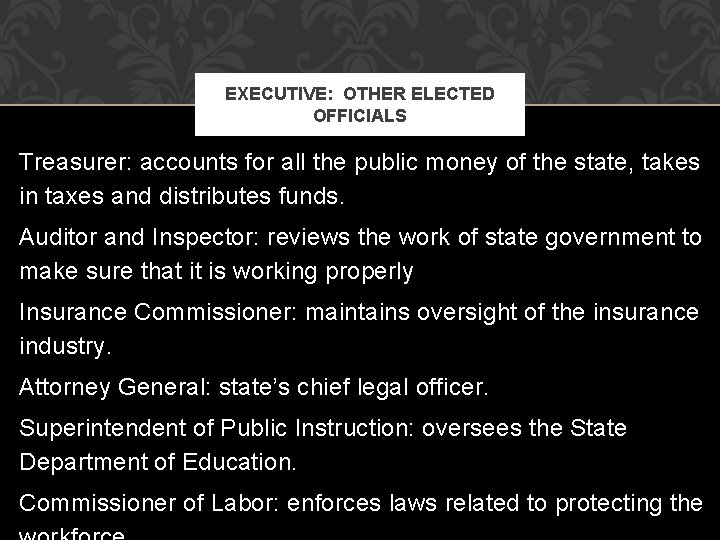 EXECUTIVE: OTHER ELECTED OFFICIALS Treasurer: accounts for all the public money of the state,