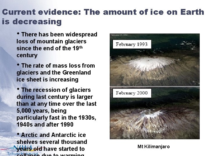 Current evidence: The amount of ice on Earth is decreasing • There has been