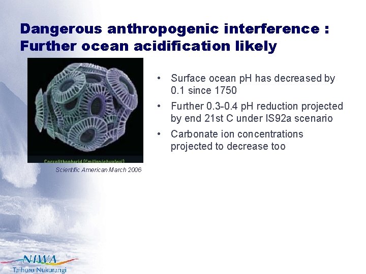 Dangerous anthropogenic interference : Further ocean acidification likely • Surface ocean p. H has