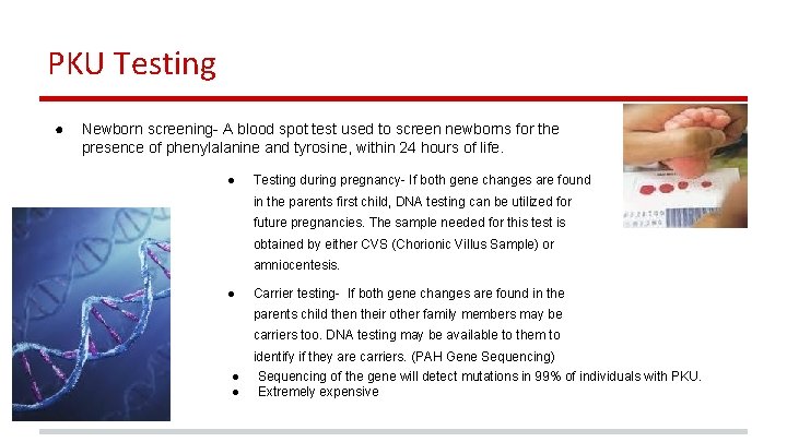 PKU Testing ● Newborn screening- A blood spot test used to screen newborns for