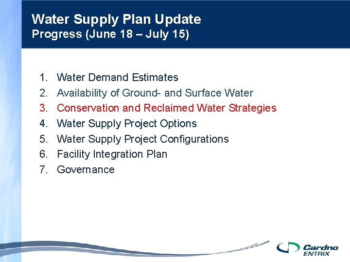 Water Supply Plan Update Progress (June 18 – July 15) 1. 2. 3. 4.