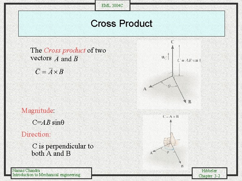 EML 3004 C Cross Product The Cross product of two vectors Magnitude: C=AB sin