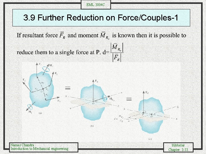 EML 3004 C 3. 9 Further Reduction on Force/Couples-1 Namas Chandra Introduction to Mechanical