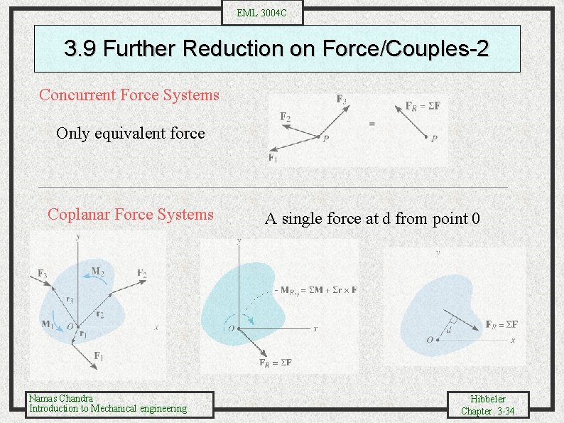 EML 3004 C 3. 9 Further Reduction on Force/Couples-2 Concurrent Force Systems Only equivalent