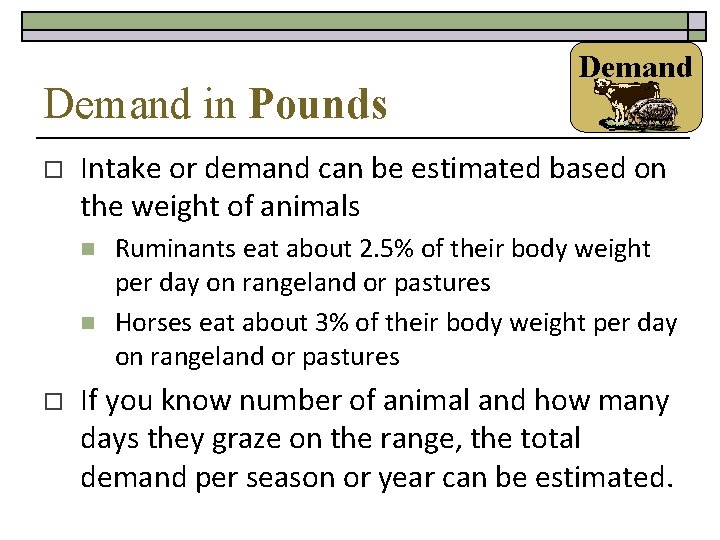 Demand in Pounds o Intake or demand can be estimated based on the weight