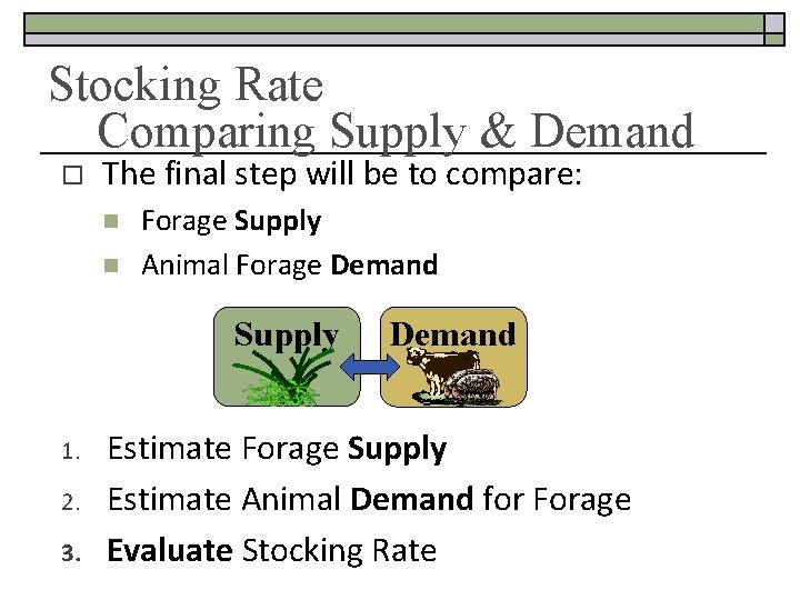 Stocking Rate Comparing Supply & Demand o The final step will be to compare: