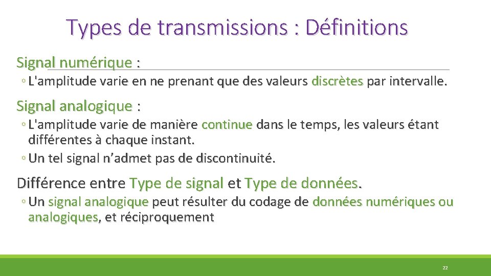 Types de transmissions : Définitions Signal numérique : ◦ L'amplitude varie en ne prenant