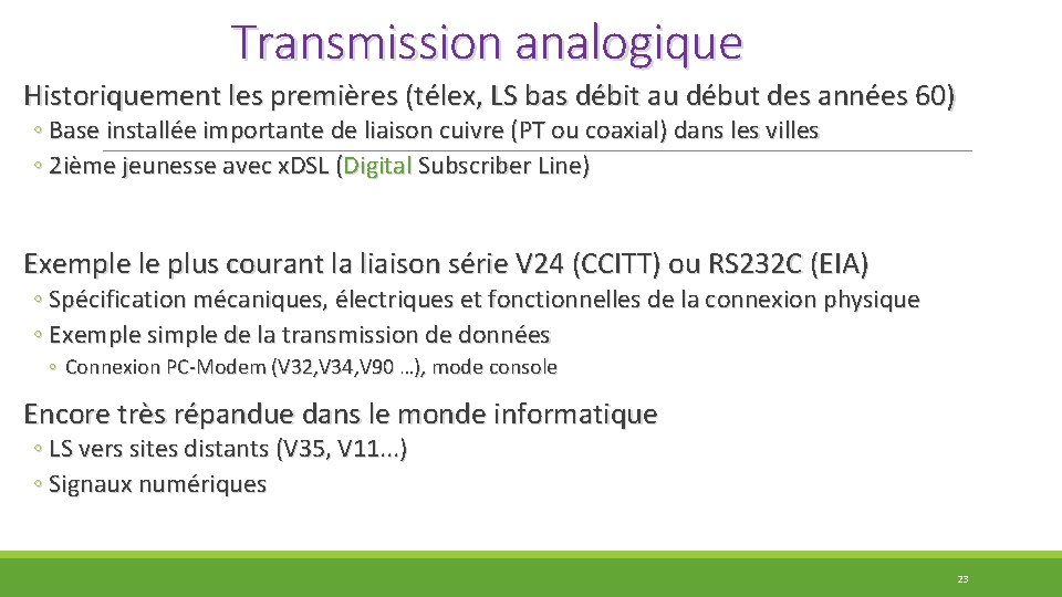 Transmission analogique Historiquement les premières (télex, LS bas débit au début des années 60)