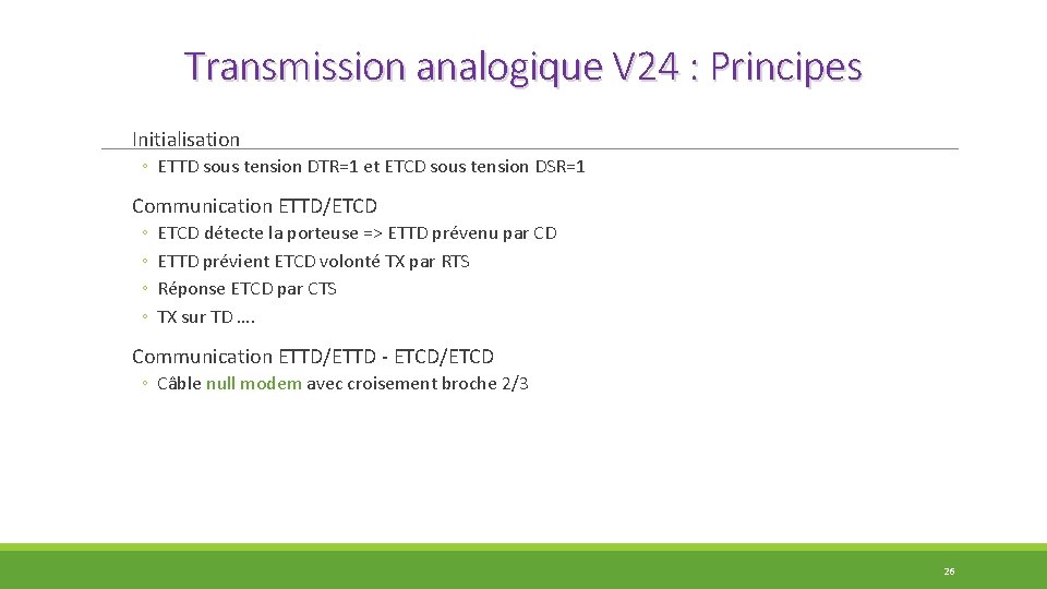 Transmission analogique V 24 : Principes Initialisation ◦ ETTD sous tension DTR=1 et ETCD