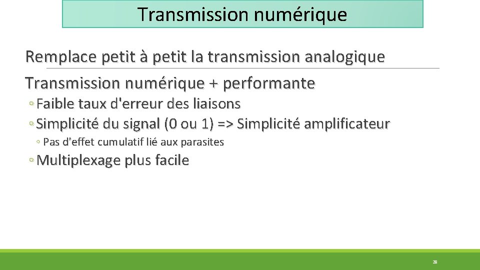 Transmission numérique Remplace petit à petit la transmission analogique Transmission numérique + performante ◦