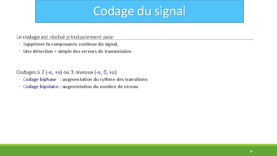 Codage du signal Le codage est réalisé principalement pour ◦ Supprimer la composante continue