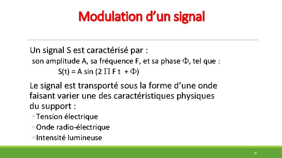 Modulation d’un signal Un signal S est caractérisé par : son amplitude A, sa