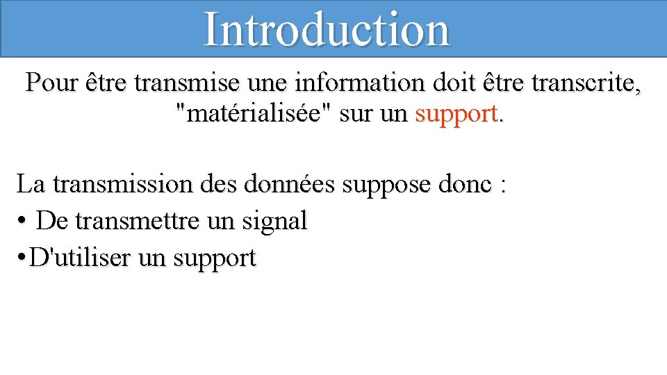 Introduction Pour être transmise une information doit être transcrite, "matérialisée" sur un support. La