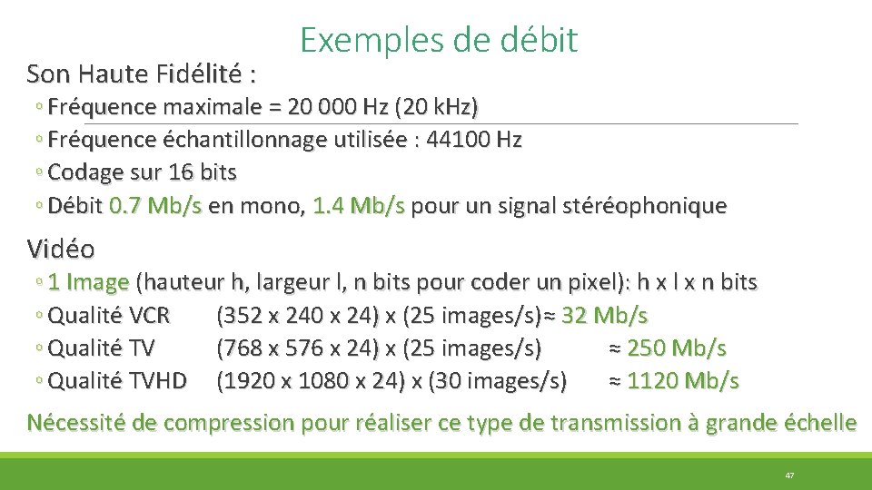 Son Haute Fidélité : Exemples de débit ◦ Fréquence maximale = 20 000 Hz