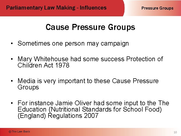 Parliamentary Law Making - Influences Pressure Groups Cause Pressure Groups • Sometimes one person