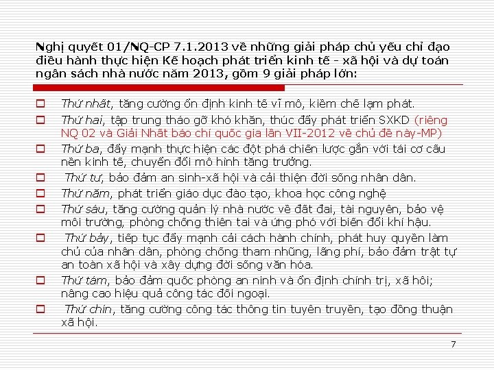 Nghị quyết 01/NQ-CP 7. 1. 2013 về những giải pháp chủ yếu chỉ đạo Nghị quyết 01/NQ-CP 7. 1. 2013 về những giải pháp chủ yếu chỉ đạo