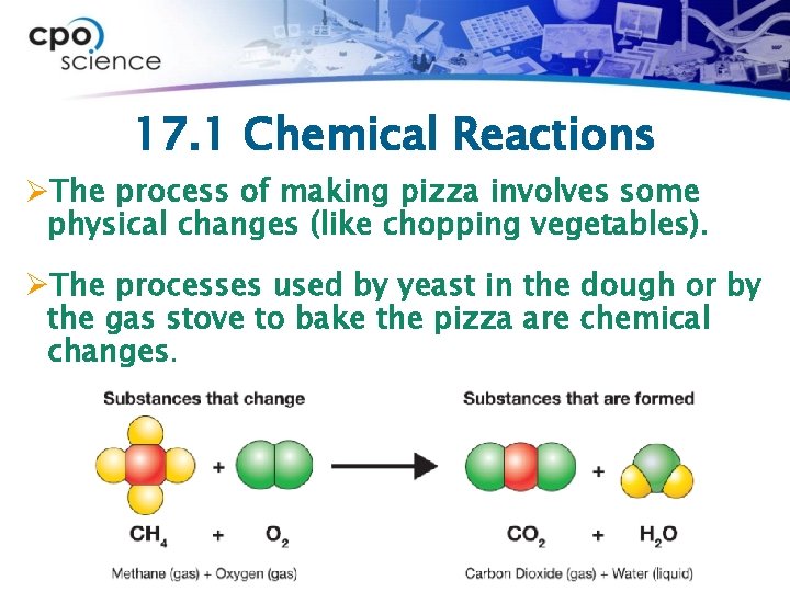 17. 1 Chemical Reactions ØThe process of making pizza involves some physical changes (like