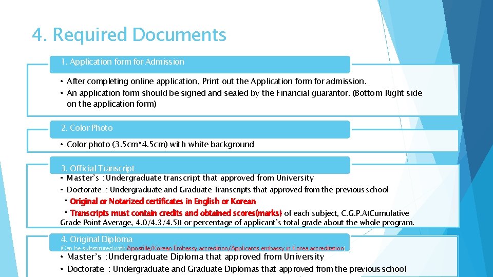 4. Required Documents 1. Application form for Admission • After completing online application, Print