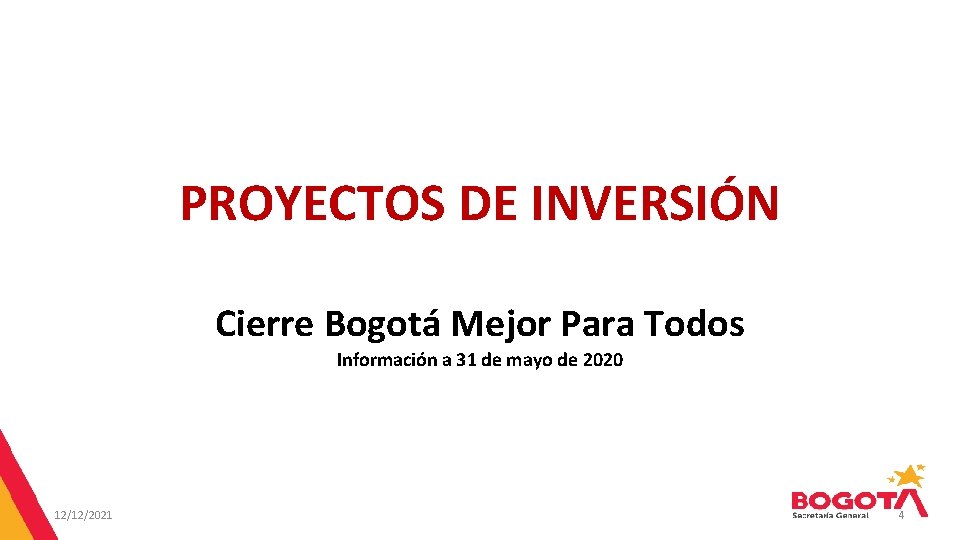 PROYECTOS DE INVERSIÓN Cierre Bogotá Mejor Para Todos Información a 31 de mayo de