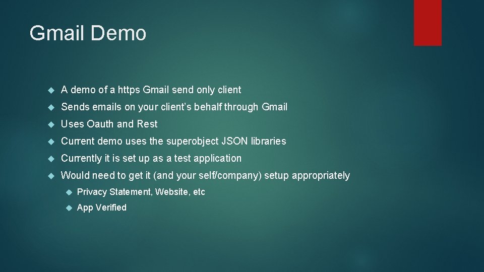 Gmail Demo A demo of a https Gmail send only client Sends emails on