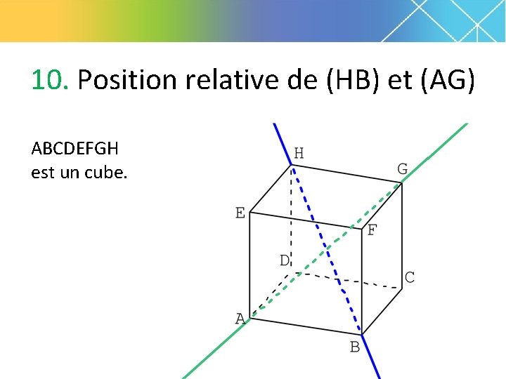 10. Position relative de (HB) et (AG) ABCDEFGH est un cube. 