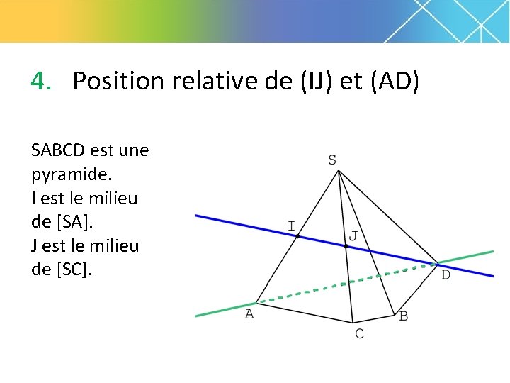 4. Position relative de (IJ) et (AD) SABCD est une pyramide. I est le