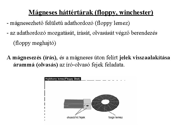 Mágneses háttértárak (floppy, winchester) - mágnesezhető felületű adathordozó (floppy lemez) - az adathordozó mozgatását,