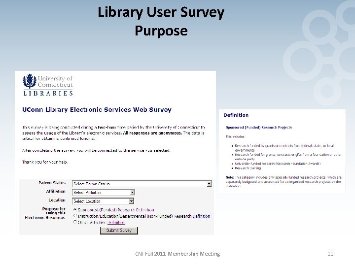 Library User Survey Purpose CNI Fall 2011 Membership Meeting 11 