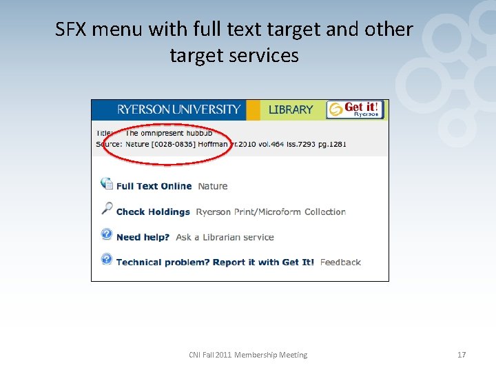 SFX menu with full text target and other target services CNI Fall 2011 Membership