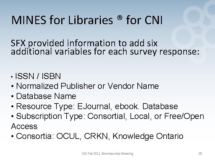 MINES for Libraries ® for CNI SFX provided information to add six additional variables