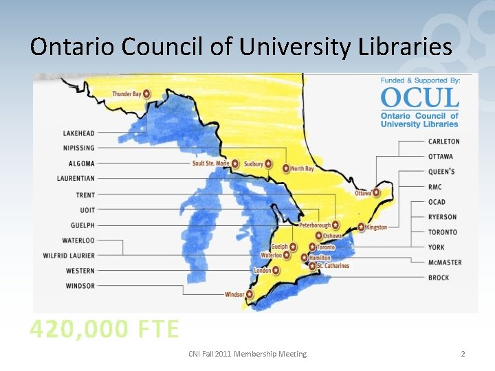 Ontario Council of University Libraries 420, 000 FTE CNI Fall 2011 Membership Meeting 2