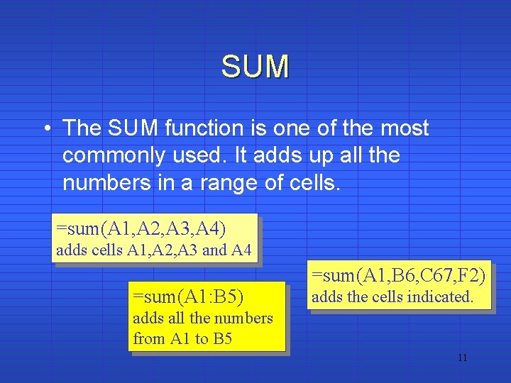 SUM • The SUM function is one of the most commonly used. It adds