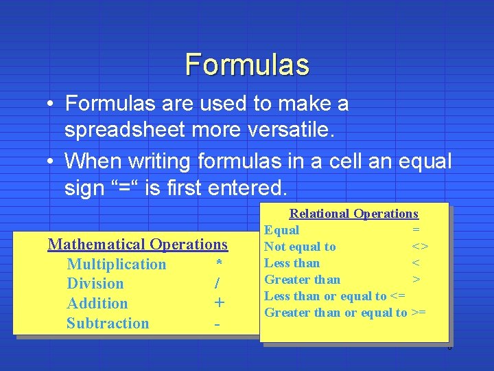 Formulas • Formulas are used to make a spreadsheet more versatile. • When writing