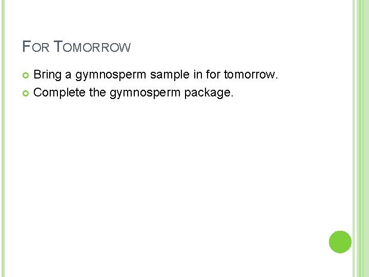 FOR TOMORROW Bring a gymnosperm sample in for tomorrow. Complete the gymnosperm package. FOR TOMORROW Bring a gymnosperm sample in for tomorrow. Complete the gymnosperm package.