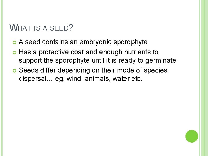 WHAT IS A SEED? A seed contains an embryonic sporophyte Has a protective coat WHAT IS A SEED? A seed contains an embryonic sporophyte Has a protective coat