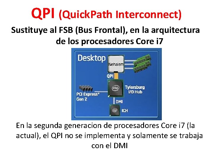 QPI (Quick. Path Interconnect) Sustituye al FSB (Bus Frontal), en la arquitectura de los
