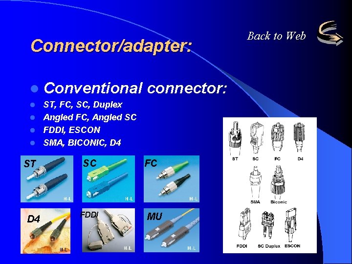 Connector/adapter: l Conventional connector: ST, FC, SC, Duplex l Angled FC, Angled SC l