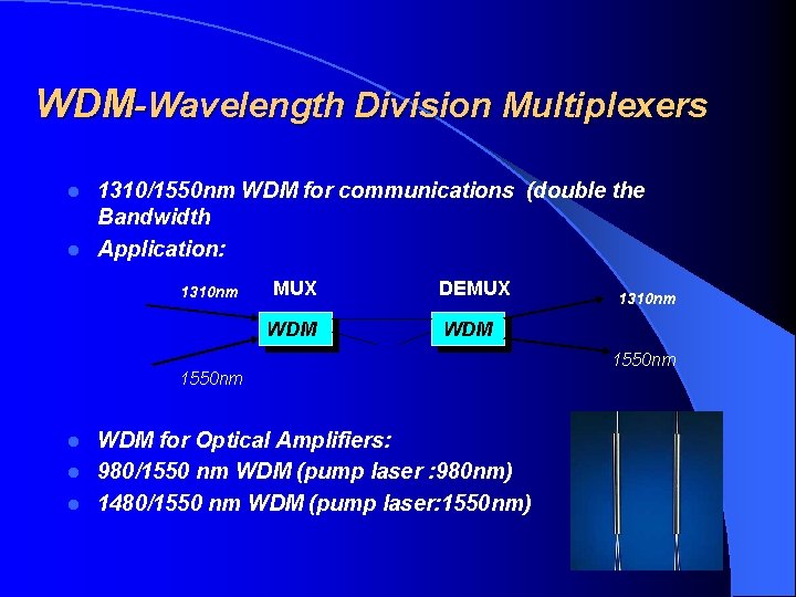 WDM-Wavelength Division Multiplexers 1310/1550 nm WDM for communications (double the Bandwidth l Application: l