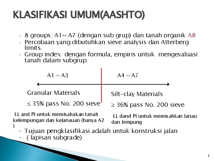 KLASIFIKASI UMUM(AASHTO) 8 groups: A 1~ A 7 (dengan sub grup) dan tanah organik