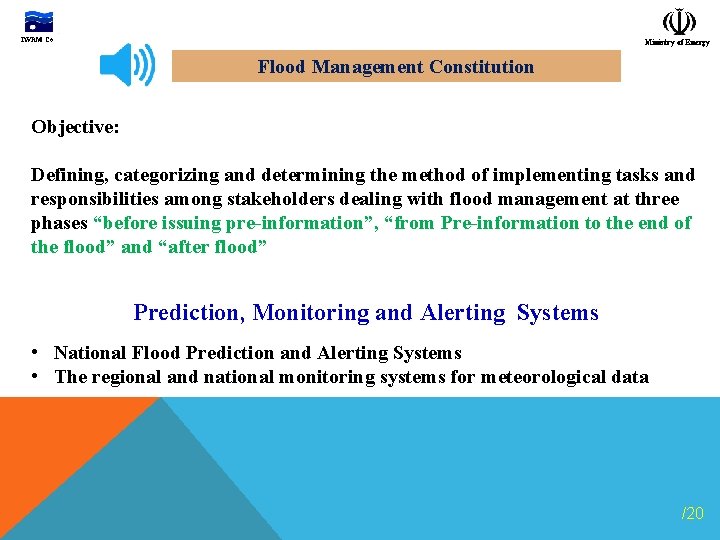 IWRM Co. Ministry of Energy Flood Management Constitution Objective: Defining, categorizing and determining the