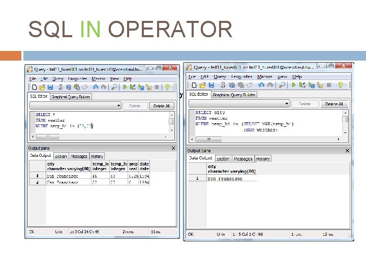 SQL IN OPERATOR AVG() - Returns the average value COUNT() - Returns the number