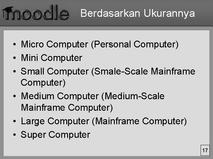 Berdasarkan Ukurannya • Micro Computer (Personal Computer) • Mini Computer • Small Computer (Smale-Scale